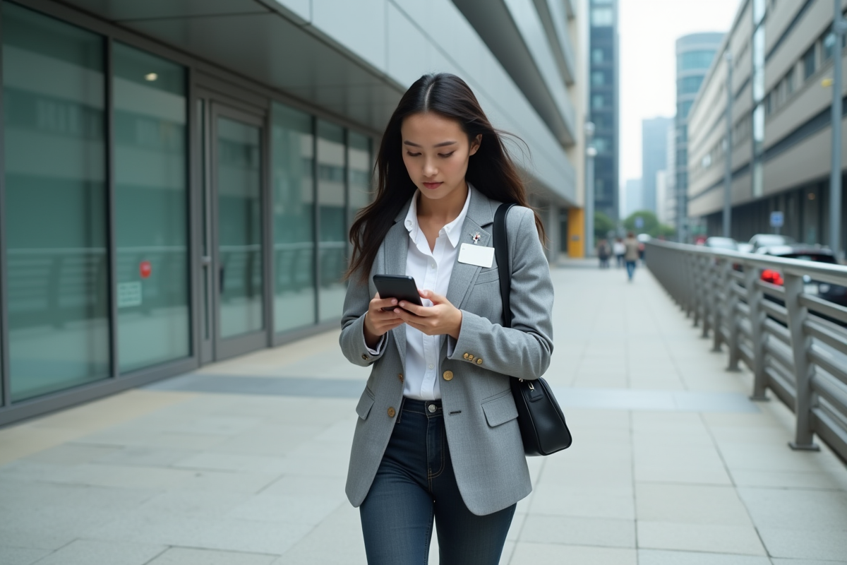 Jeune agente publique marchant dans un quartier moderne
