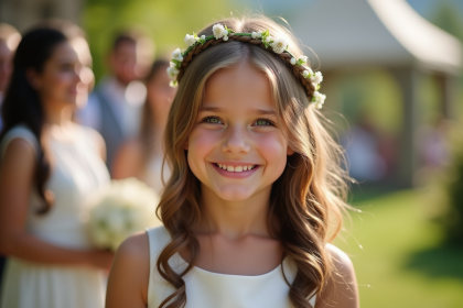 Jeune fille souriante avec couronne de fleurs lors d'un mariage