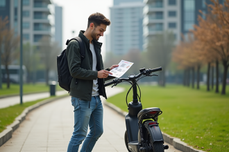 Jeune homme avec vélo motorise dans un parc urbain