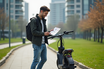 Jeune homme avec vélo motorise dans un parc urbain