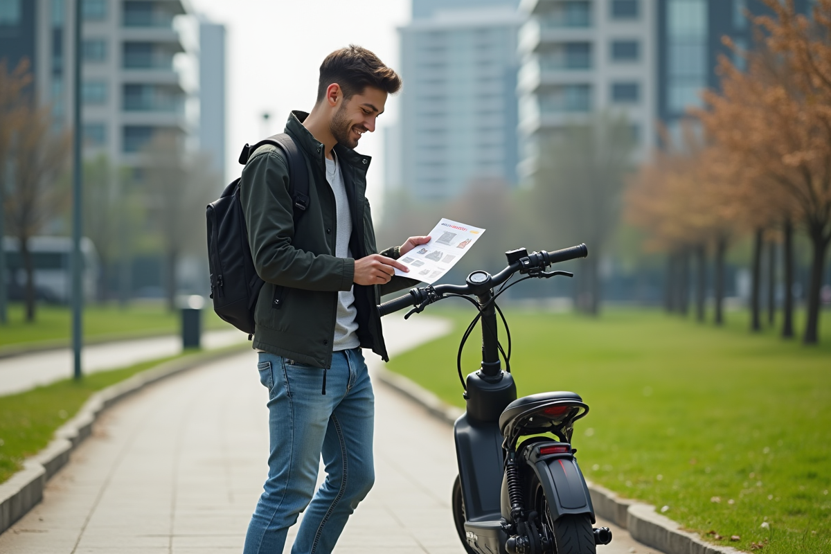 Jeune homme avec vélo motorise dans un parc urbain