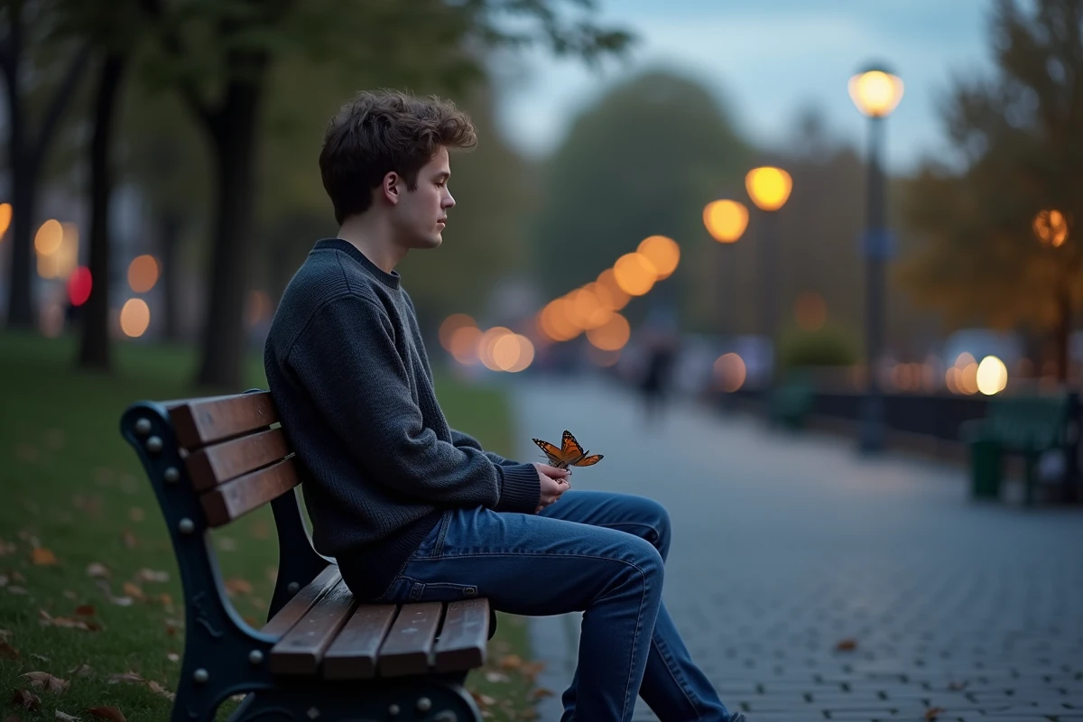 Jeune homme assis dans un parc au crépuscule regardant un papillon