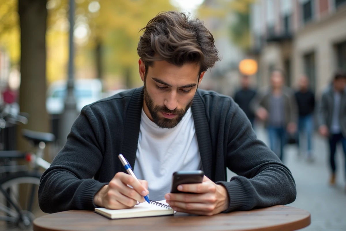 Jeune homme prenant des notes dans un café en ville