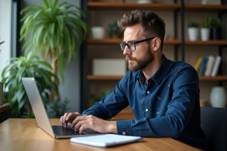 Jeune homme en coworking concentré sur son ordinateur portable