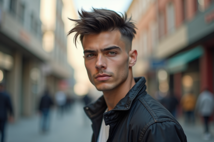 Jeune homme confiant avec coupe mullet en ville en journée