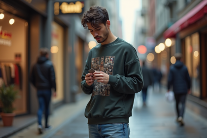 Jeune homme en ville examinant une étiquette de vêtement