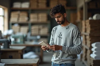 Jeune homme examine une étiquette de vêtement dans un atelier textile