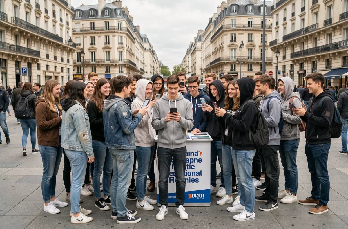 Groupe de jeunes électeurs français consultant leurs réseaux sociaux lors d'un rassemblement politique en plein air dans une place urbaine