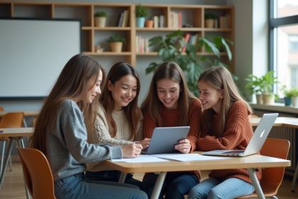 Groupe de lycéens travaillant ensemble avec tablette en classe