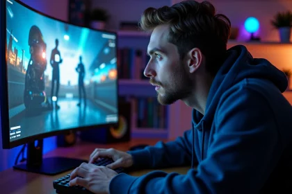 Joueur attentif regardant la conférence Summer Game Fest 2026 sur son écran gaming à domicile