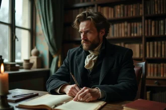 Homme pensif en tenue du XIXe siècle assis à un bureau ancien entouré de manuscrits, évoquant l'atmosphère philosophique de Søren Kierkegaard et l'angoisse existentielle