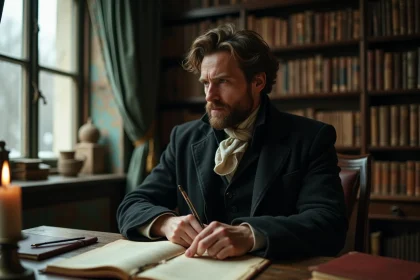 Homme pensif en tenue du XIXe siècle assis à un bureau ancien entouré de manuscrits, évoquant l'atmosphère philosophique de Søren Kierkegaard et l'angoisse existentielle