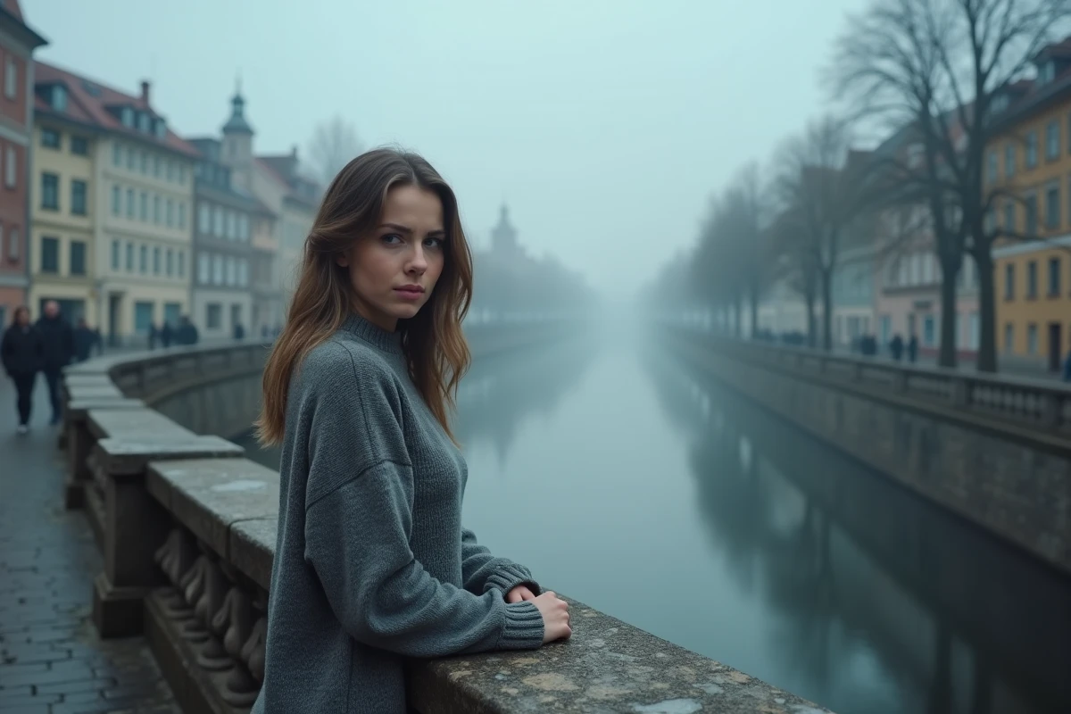 Jeune femme pensive debout sur un pont de pierre au-dessus d'un canal brumeux en hiver, symbolisant l'angoisse existentielle et la solitude selon la philosophie de Kierkegaard