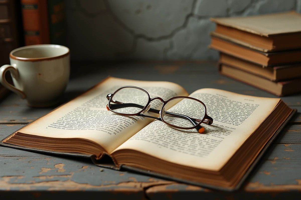 Livre philosophique ancien ouvert avec annotations manuscrites dans les marges, lunettes posées sur les pages, évoquant l'étude de l'angoisse et de la pensée existentielle de Kierkegaard