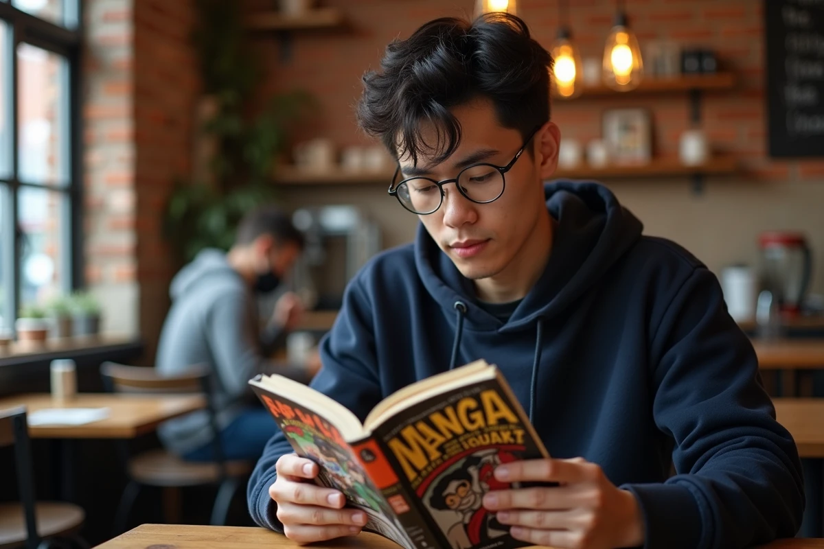 Jeune homme lisant un manga dans un café urbain, expression concentrée, analyse du personnage Saint Garling Figarland en 2026
