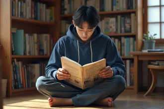 Jeune homme lisant un scan One Piece en version manga japonaise dans un appartement cosy rempli de volumes manga
