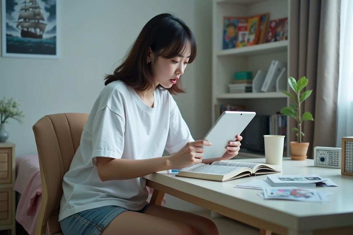 Jeune femme lisant des scans One Piece sur une tablette numérique dans une chambre minimaliste avec décoration manga
