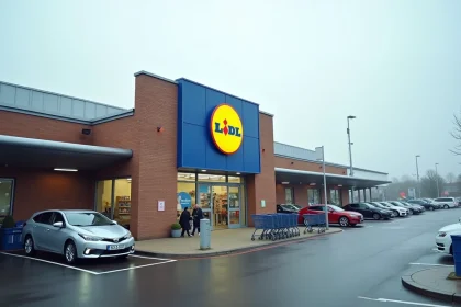 Vue extérieure d'un supermarché Lidl avec grand parking accessible et bien organisé