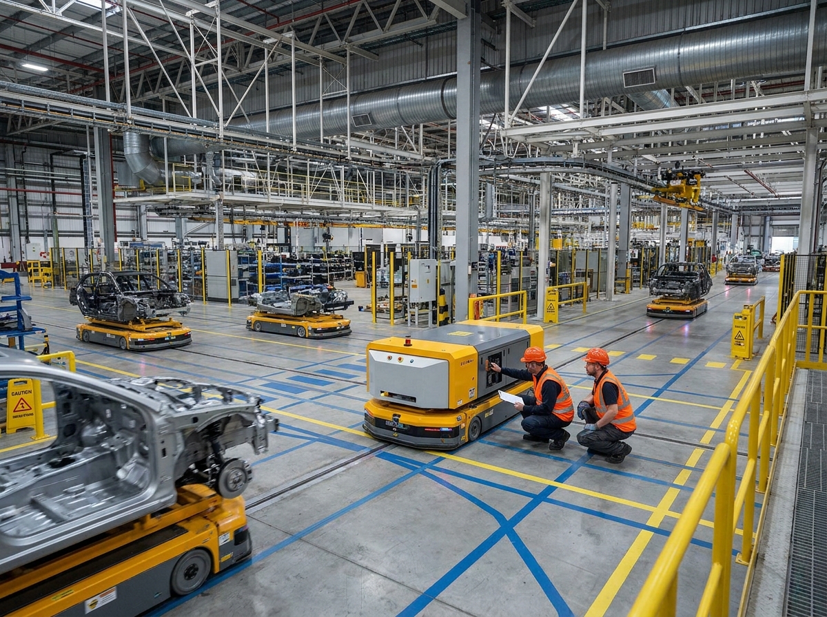 Vue grand angle d'une ligne de production automatisée avec des robots mobiles autonomes et des techniciens en inspection
