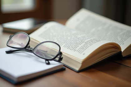 Livre de droit ouvert avec lunettes sur un bureau