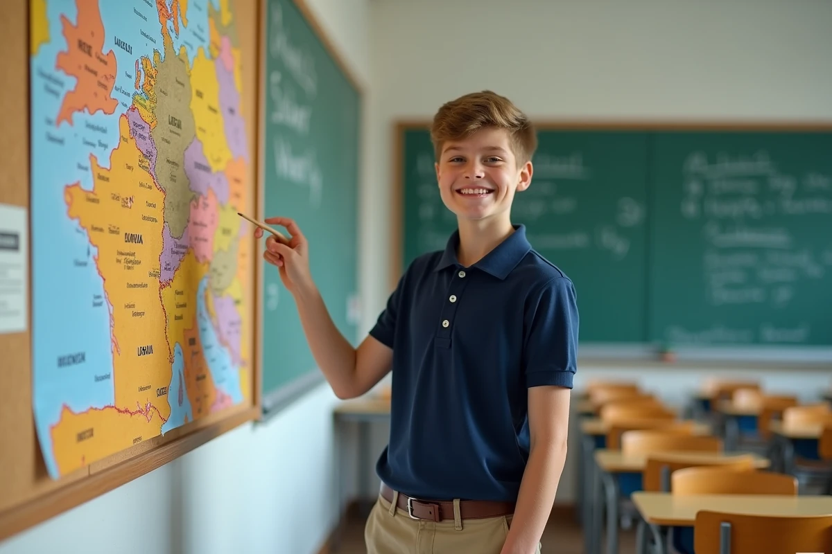 Lycéen désignant les Länder sur une carte murale de l'Allemagne en classe pour préparer un contrôle de géographie