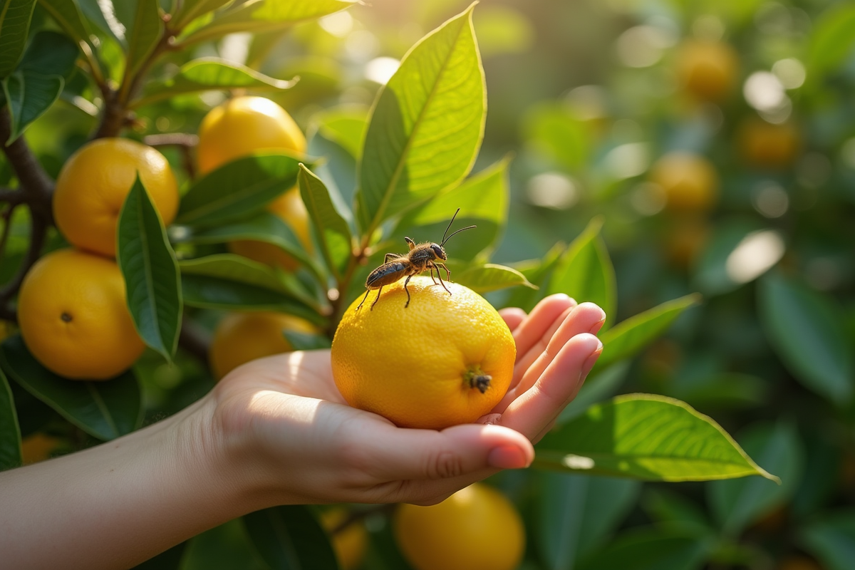 Main libérant des insectes bénéfiques sur un citronnier en extérieur