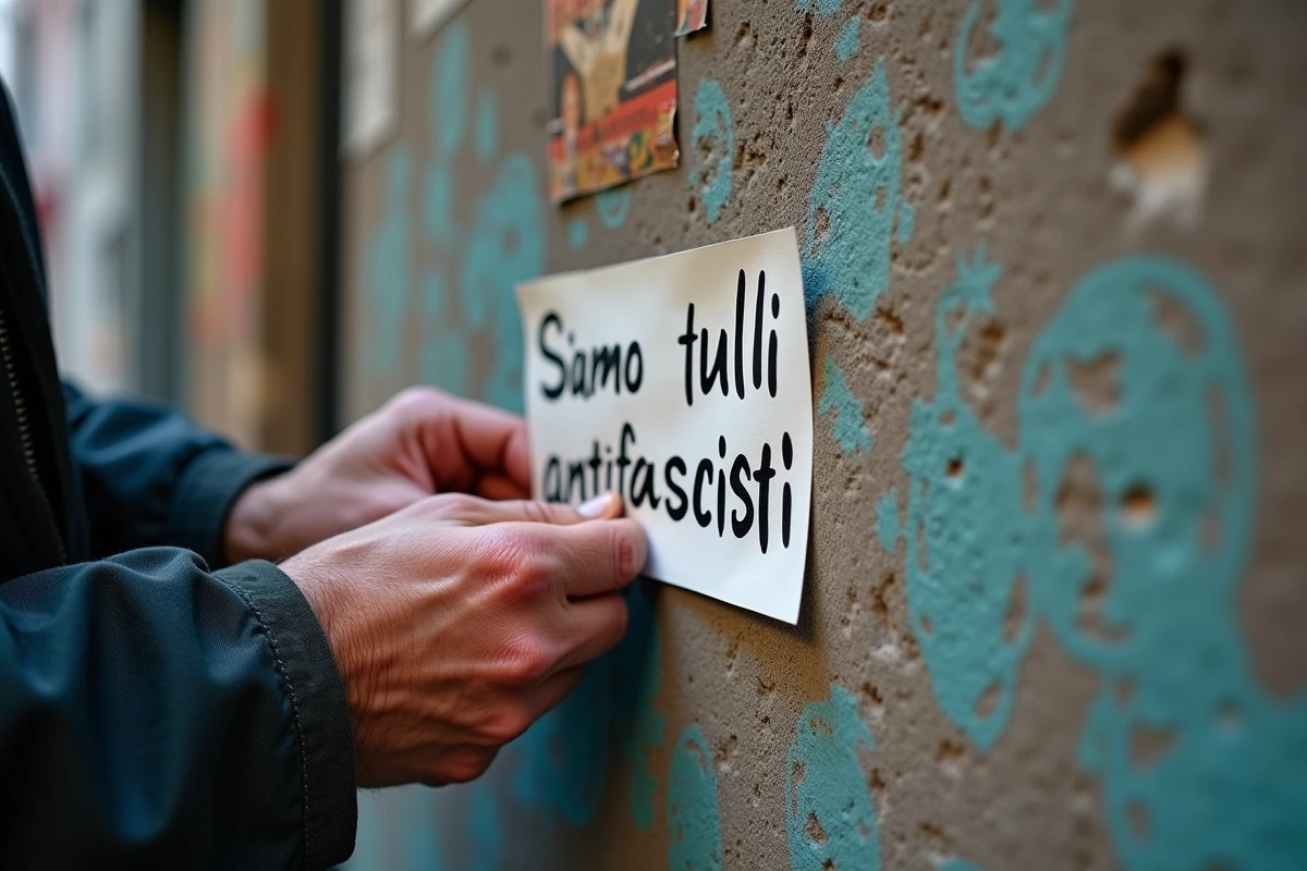 Mains collant un autocollant antifasciste en italien sur un mur urbain texturé