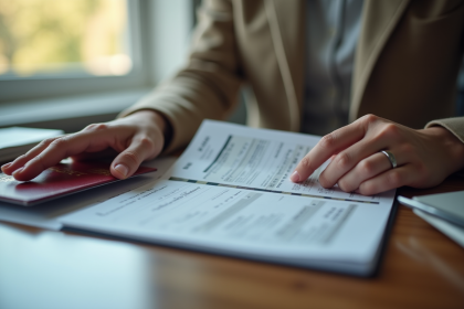 Mains tenant un passeport ouvert sur un bureau avec focus sur la page d'identification