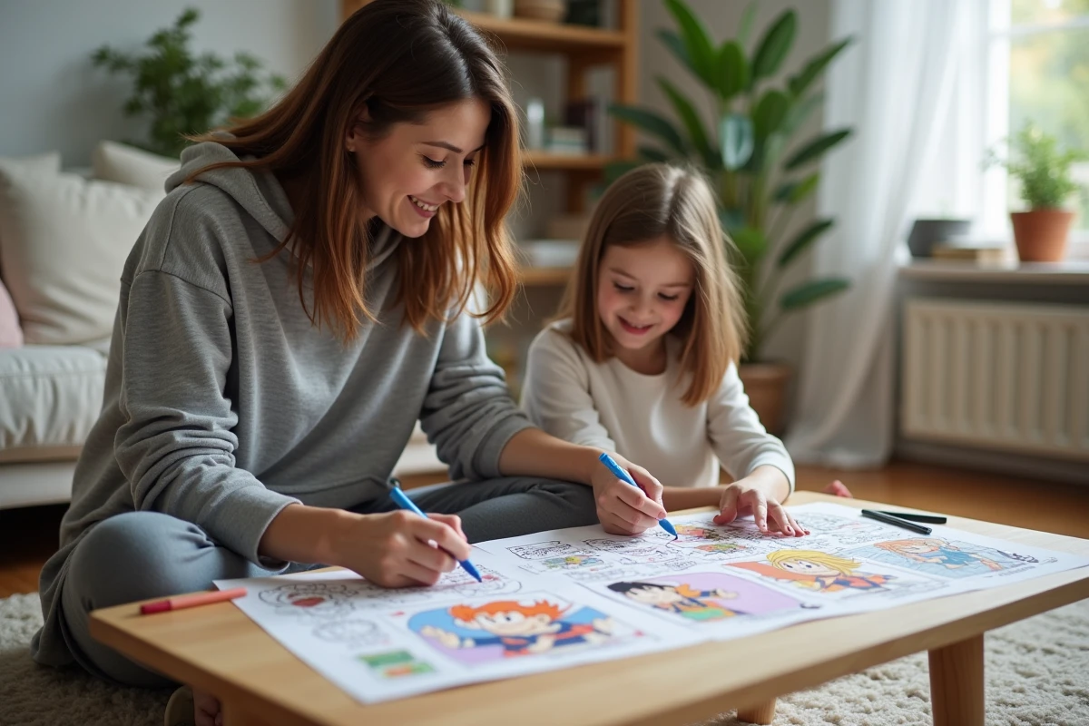Maman et fille en train de colorier ensemble des personnages Dragon Ball imprimés dans un salon moderne