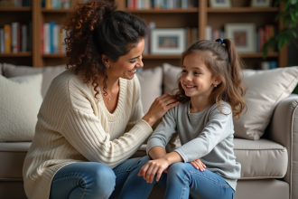 Maman et fille souriantes dans un salon chaleureux