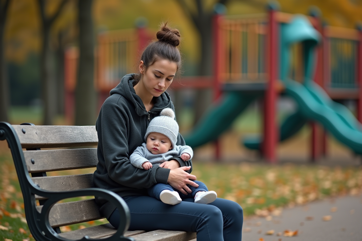 Maman fatiguee assise dans un parc avec son enfant