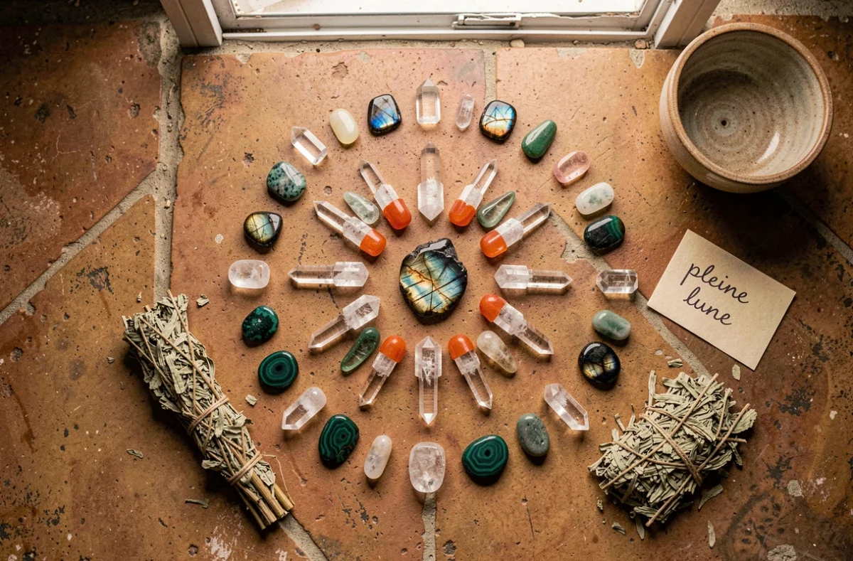 Disposition de pierres et cristaux en mandala pour rituel de purification lunaire et solaire
