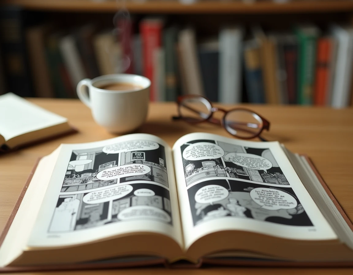 Gros plan sur des volumes de manga en VF ouverts sur une table avec une tasse de thé et des lunettes de lecture