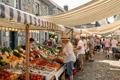 Marché estival de Plouguerneau avec étals de légumes frais et produits locaux sous des tentes rayées