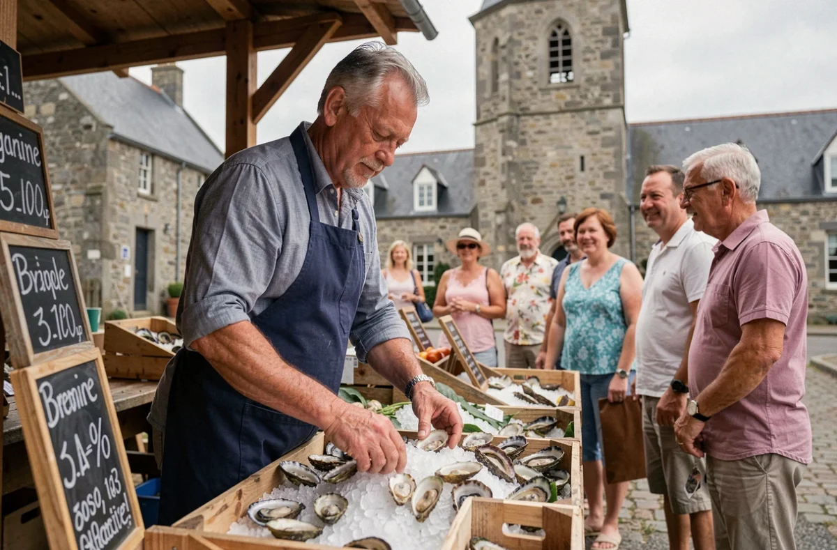 Vendeur de fruits de mer à l'étal d'un marché breton en plein air à Plouguerneau en été