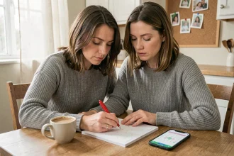 Mère consultant un calendrier papier pour organiser les semaines paires et impaires de garde alternée en 2026
