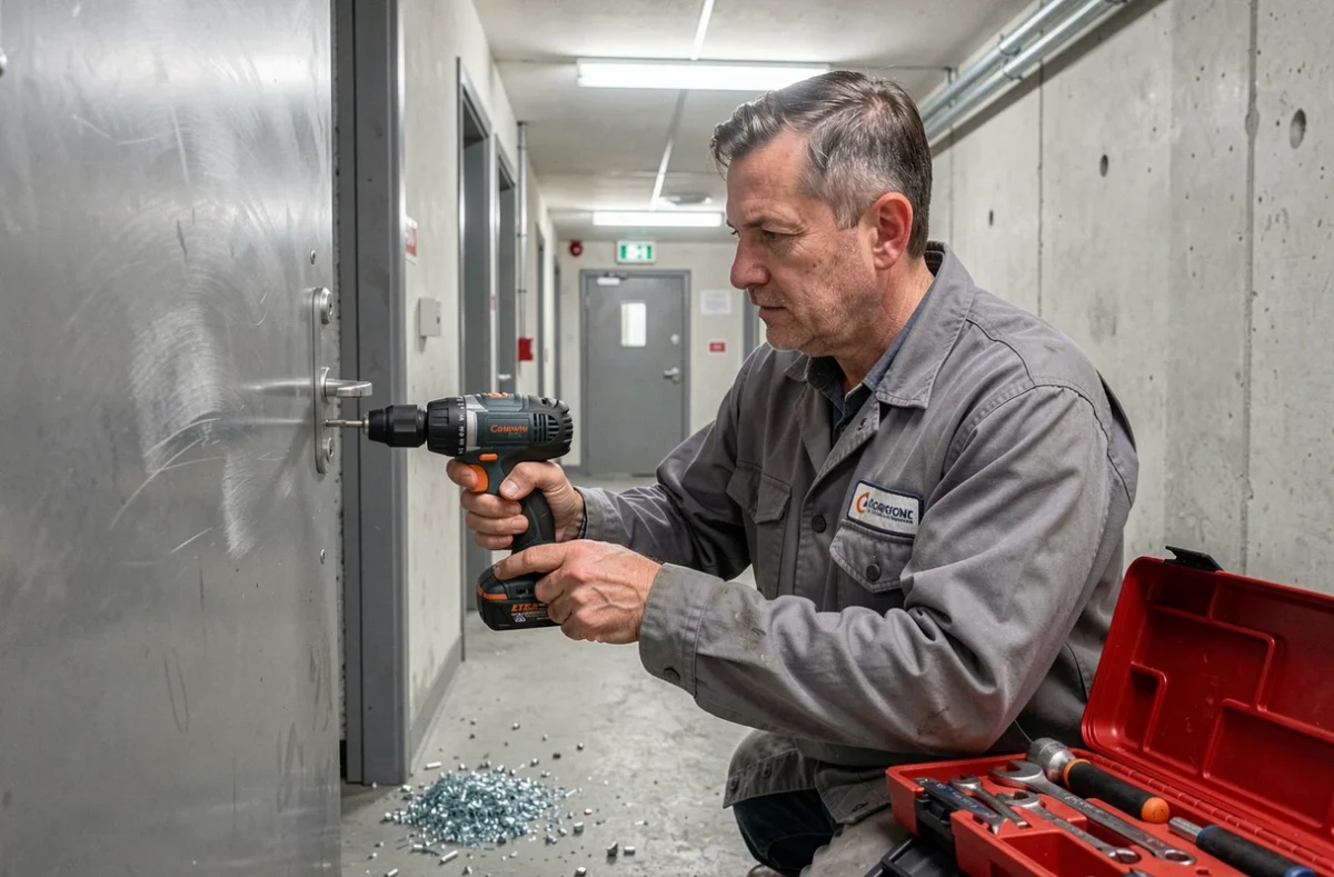 Serrurier de MF Structure travaillant sur une porte métallique dans un couloir commercial