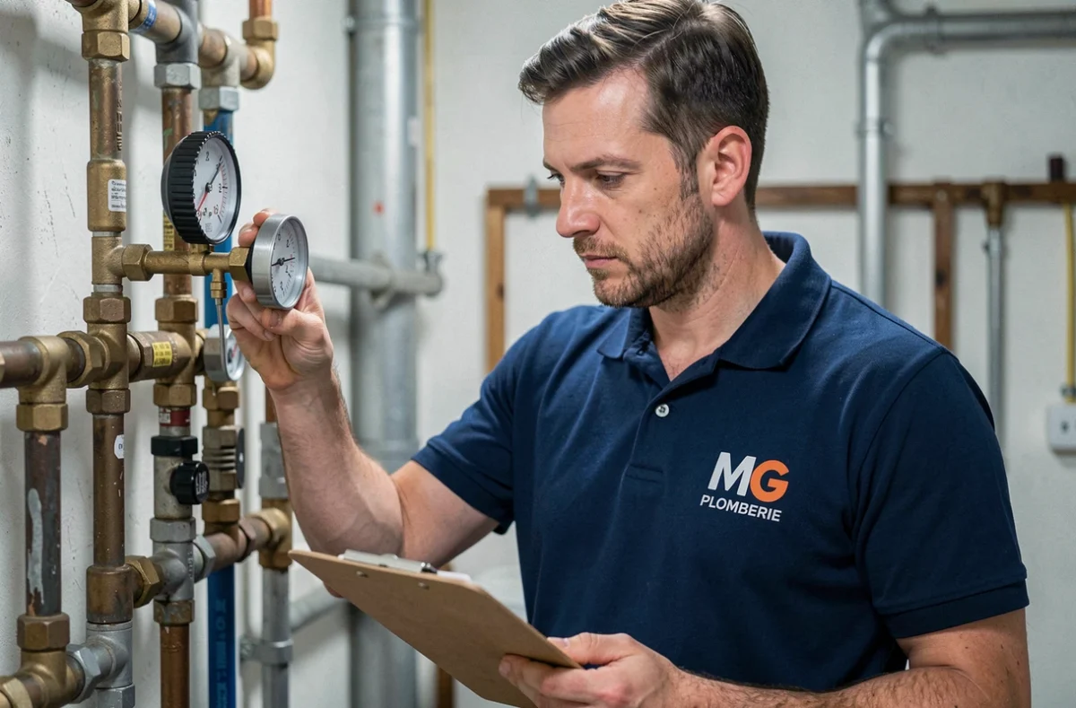 Technicien MG Plomberie contrôlant la pression d'eau dans une maison en Essonne