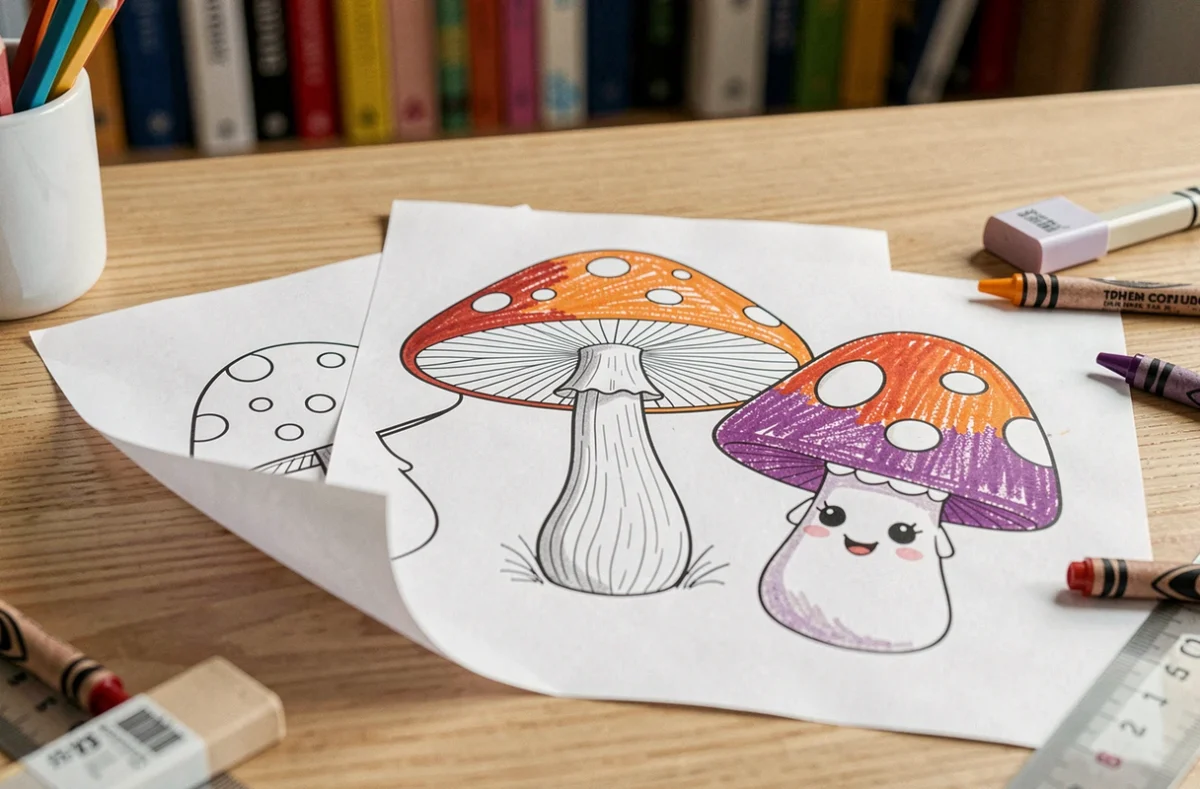 Trois modèles de coloriage champignon imprimés sur un bureau en bois avec des marqueurs et crayons de couleur partiellement utilisés