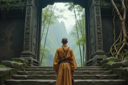 Jeune moine bouddhiste en robe ocre devant un temple ancien entouré de brume et de sculptures démoniaques, évoquant l'univers de Voyage vers l'Ouest