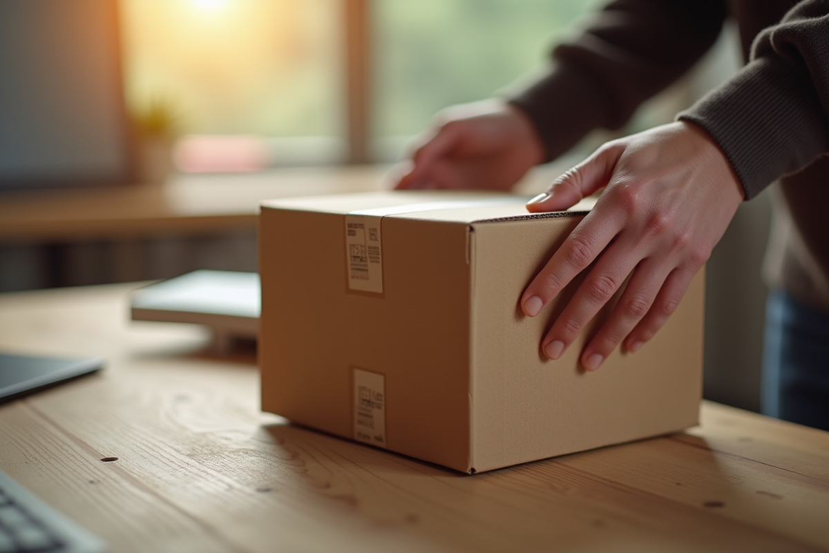 Mains assemblant une boîte en carton sur une surface en bois