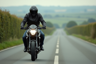 Jeune motard en pleine vitesse sur une route de campagne
