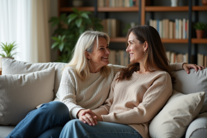 Femme et fille assises sur un canapé dans un salon chaleureux