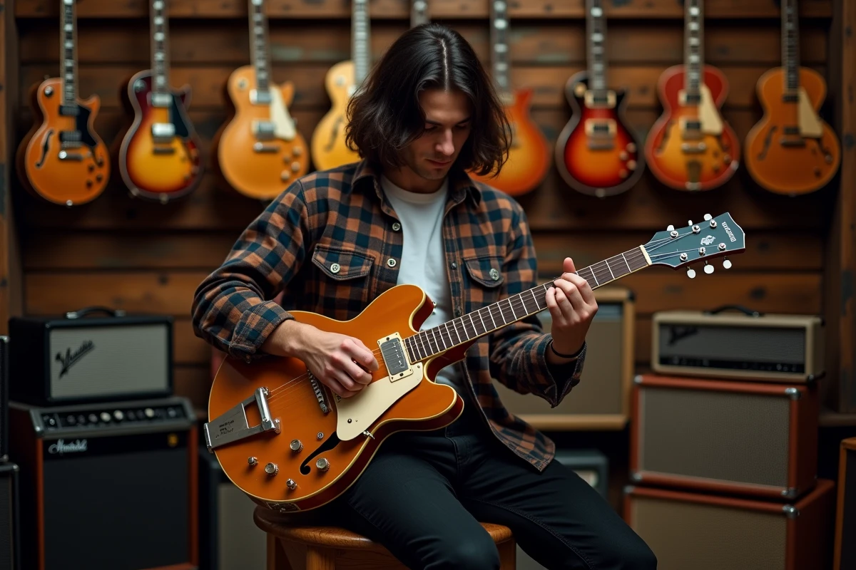 Musicien accordant une guitare électrique semi-hollow dans une boutique de musique vintage, évoquant l'univers guitare de Pat Smear et le son Nirvana