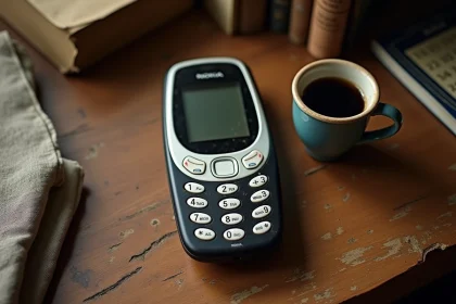 Ancien Nokia 3310 posé sur une table en bois avec une tasse de café, nostalgie des téléphones mobiles des années 2000