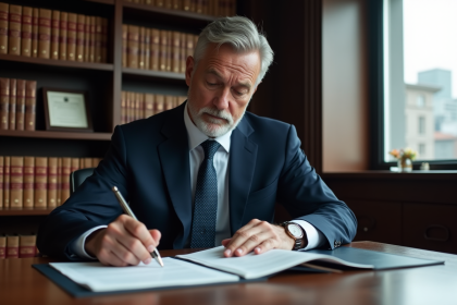 Notaire en costume examinant un document d'hypothèque