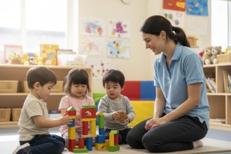 Jeune nounou aidant des enfants à jouer avec des blocs colorés
