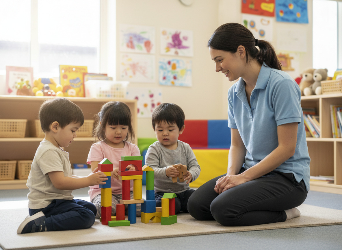 Jeune nounou aidant des enfants à jouer avec des blocs colorés