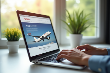 Ordinateur portable affichant le site Air Algérie sur un bureau clair