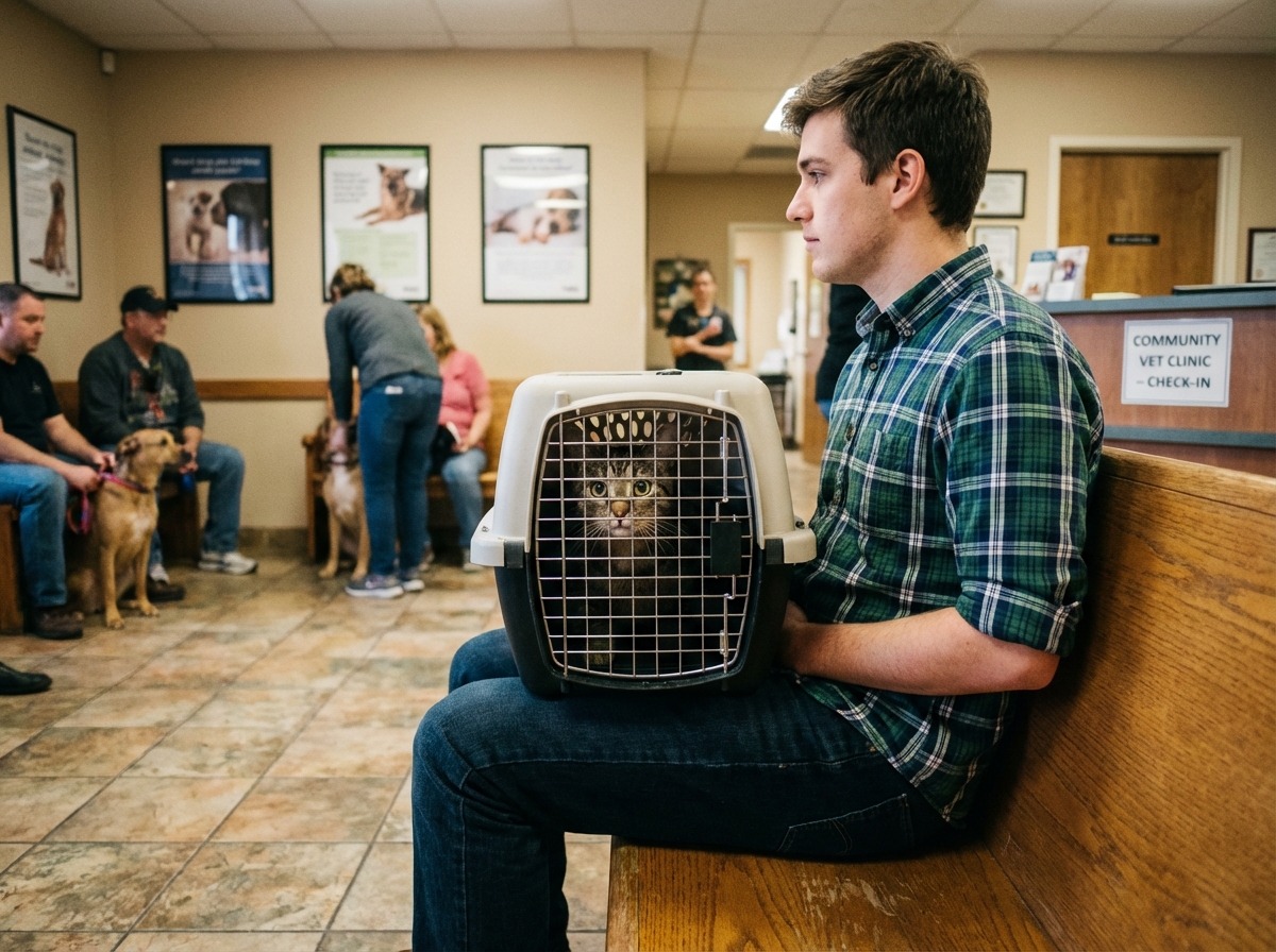 Père avec son chat en cage dans la salle d